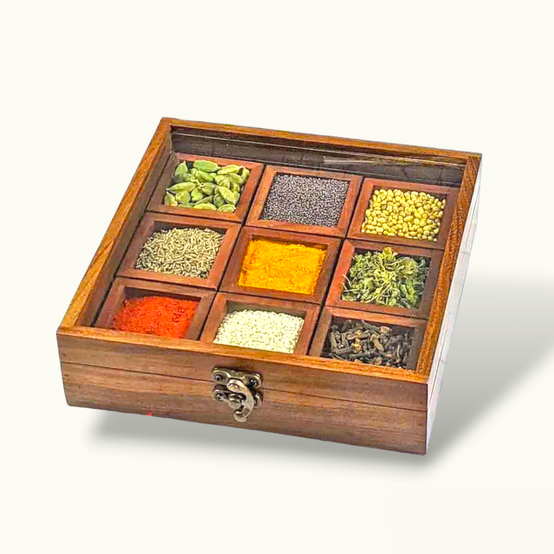 Beautiful Wooden Masala Box, Stunning Wooden Spice Box.