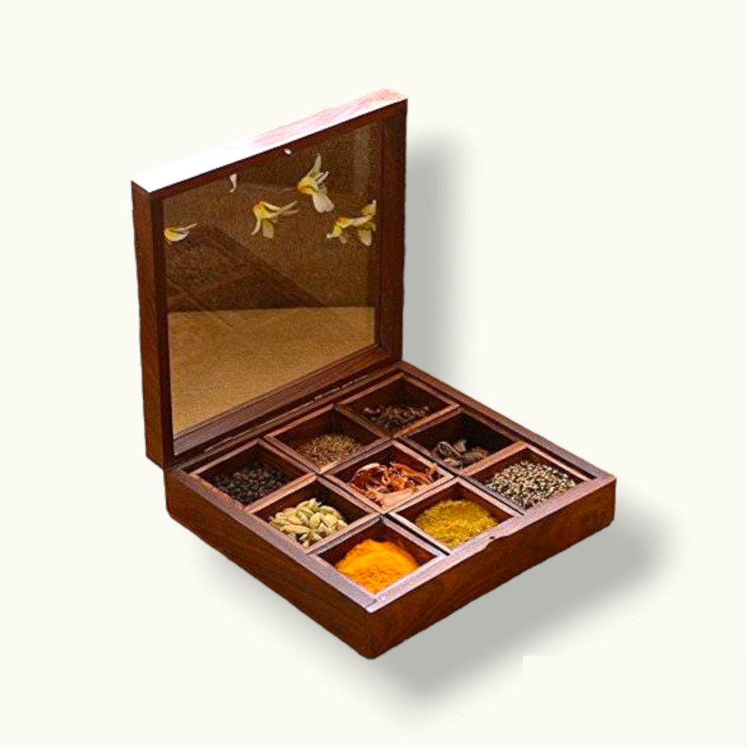 Beautiful Wooden Masala Box, Stunning Wooden Spice Box.