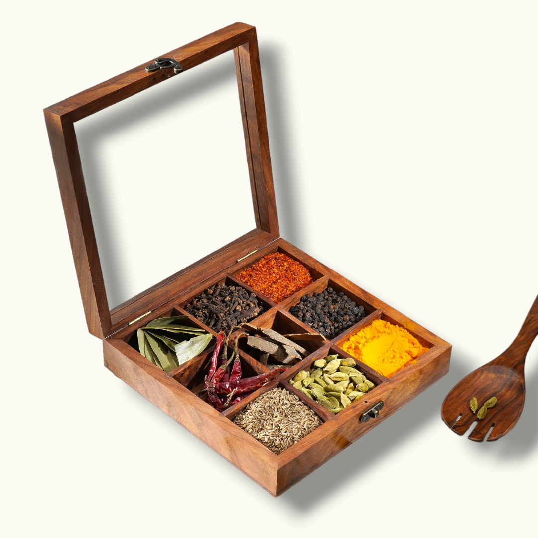 Beautiful Wooden Masala Box, Stunning Wooden Spice Box.