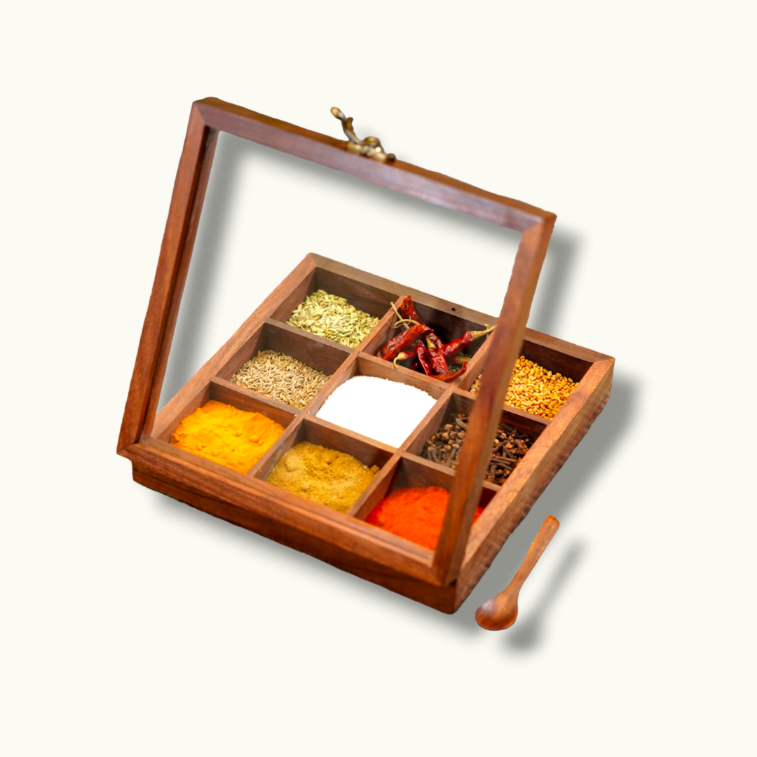 Beautiful Wooden Masala Box, Stunning Wooden Spice Box.