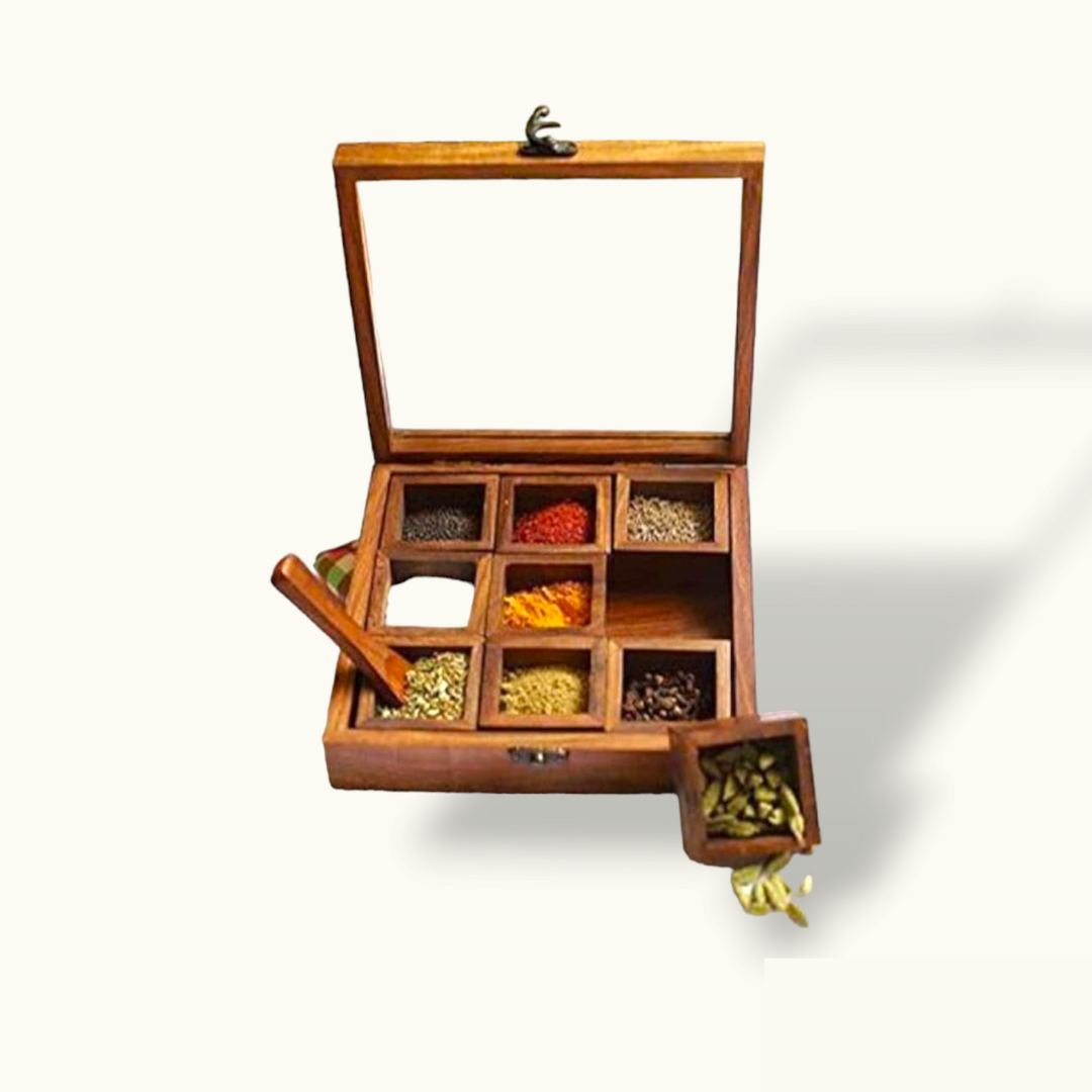 Beautiful Wooden Masala Box, Stunning Wooden Spice Box.